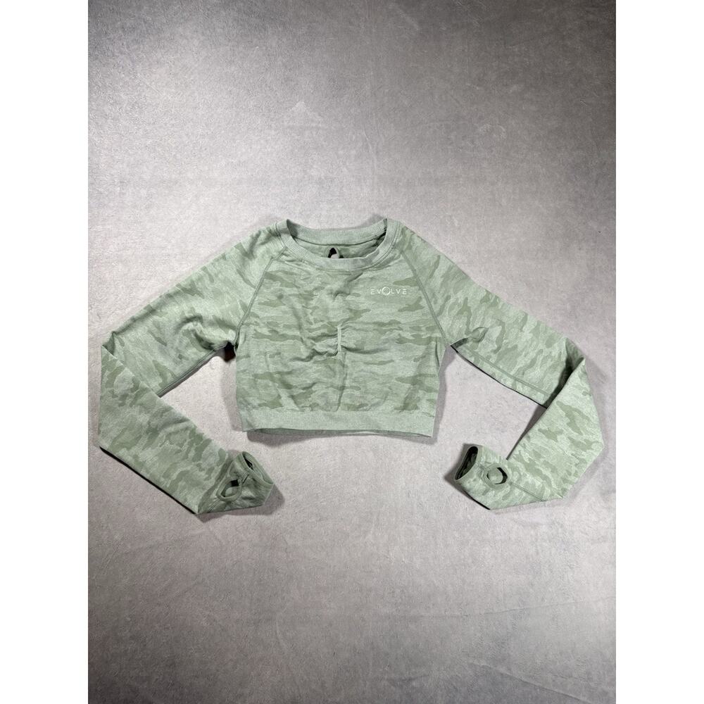 Evolve Light Green Camo Crop Top Long Sleeve Thumbholes Active Chic | Size Large